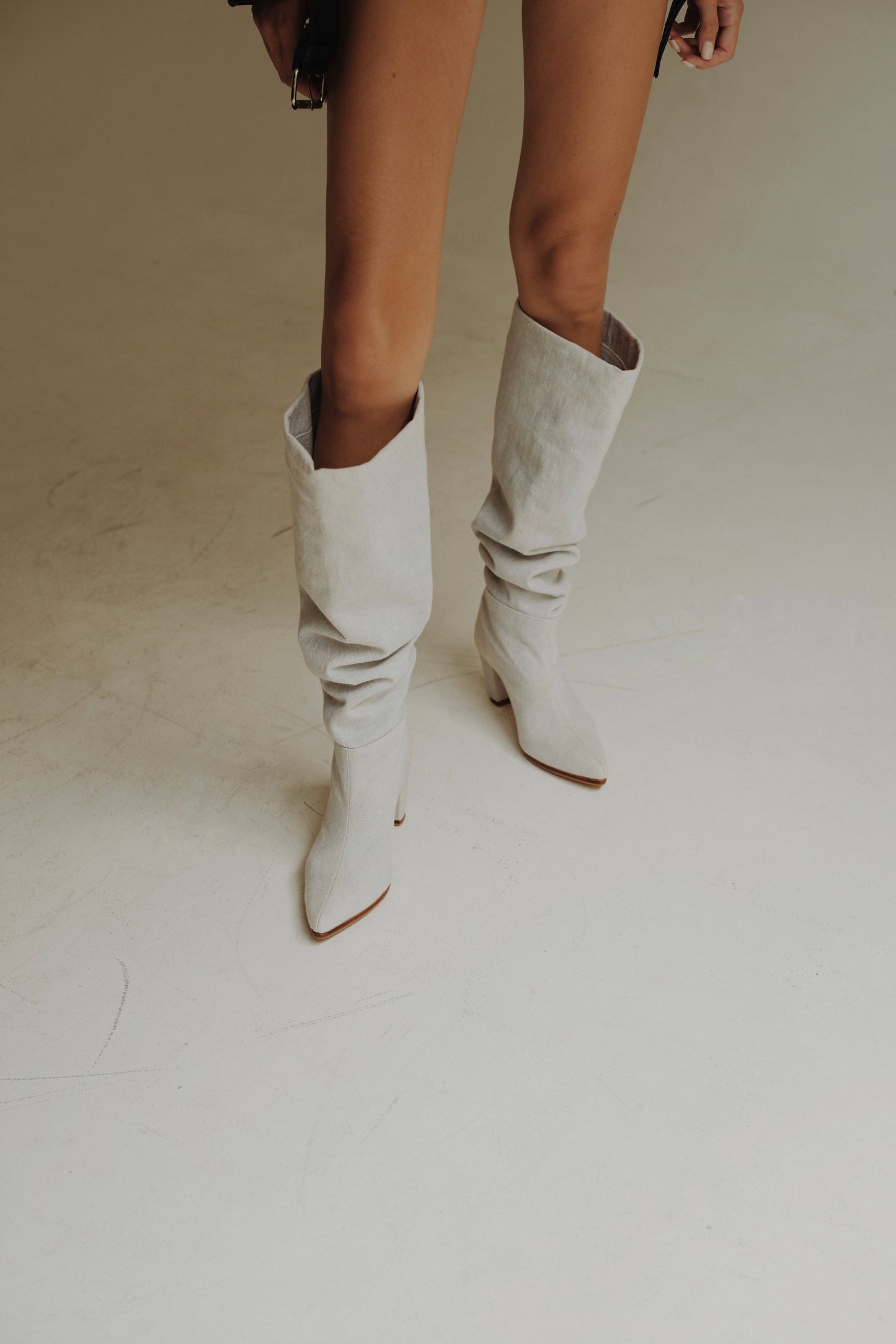 Denim knee high-heel boots