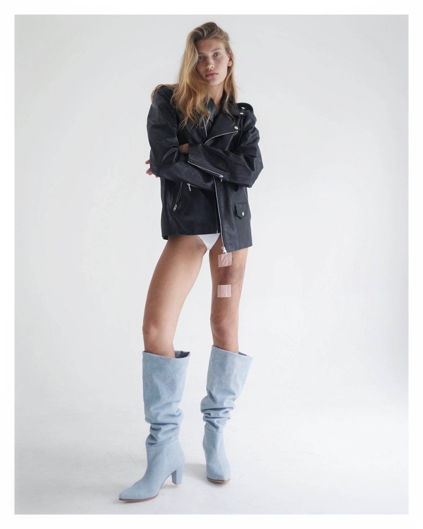 Denim knee high-heel boots