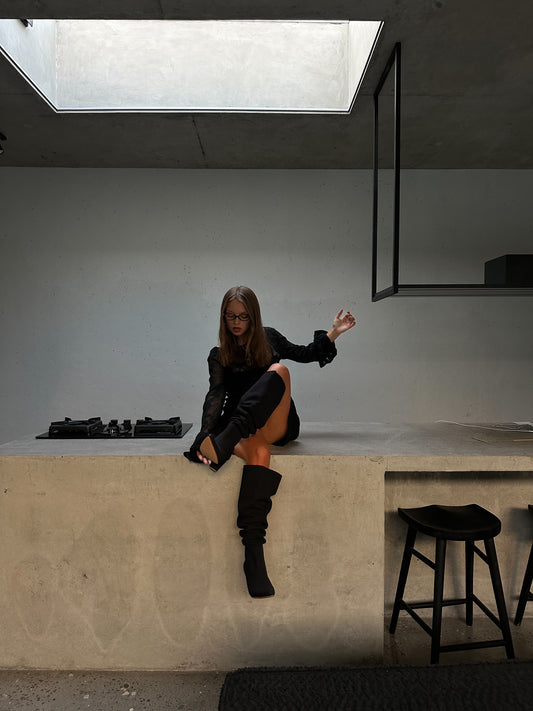 Denim knee high-heel boots