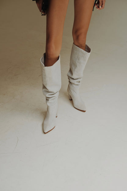 Denim knee high-heel boots