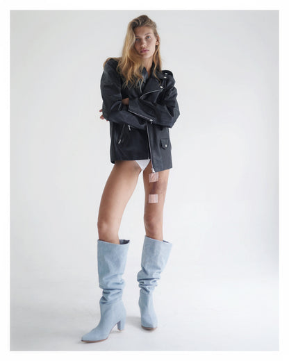 Denim knee high-heel boots