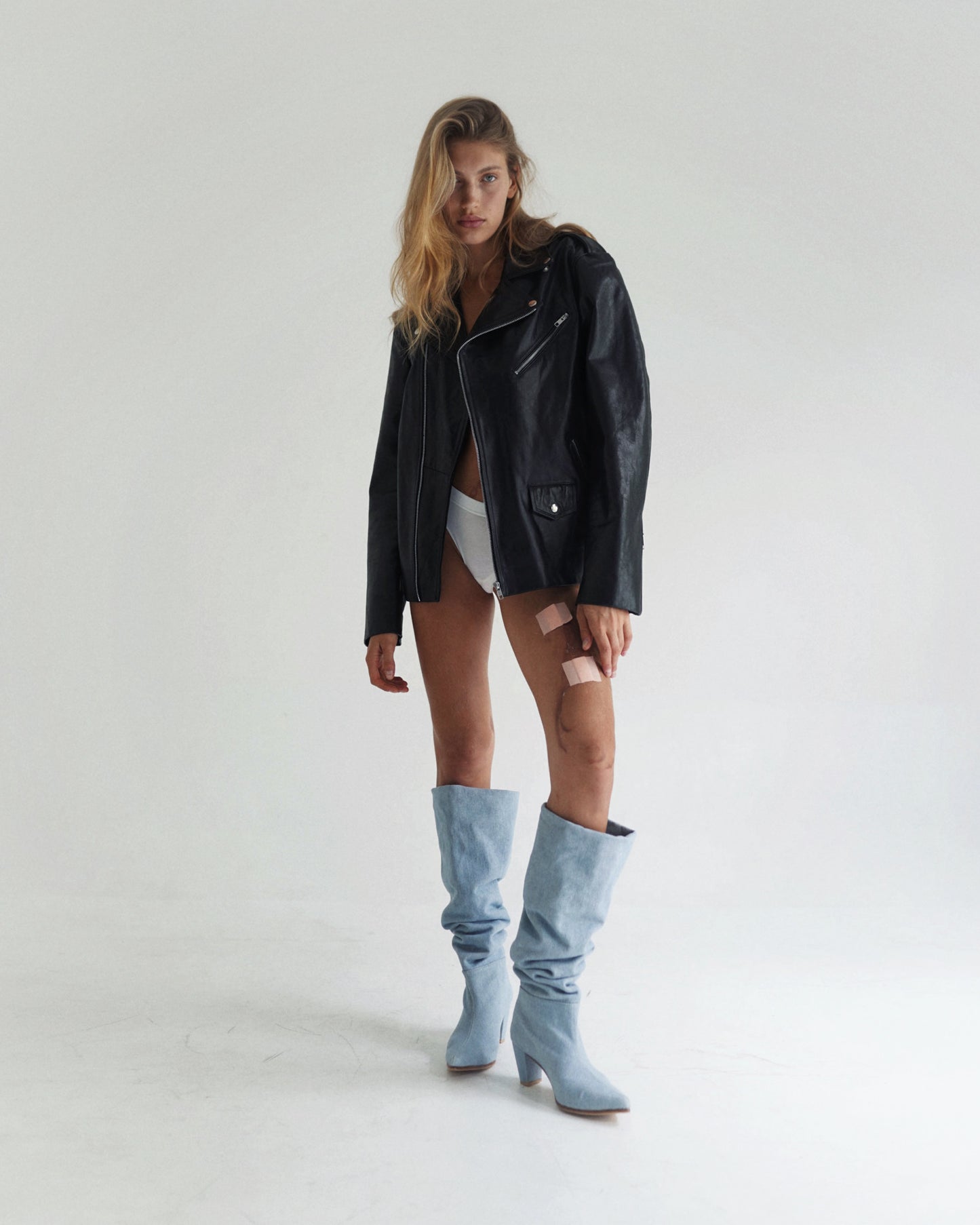 Denim knee high-heel boots