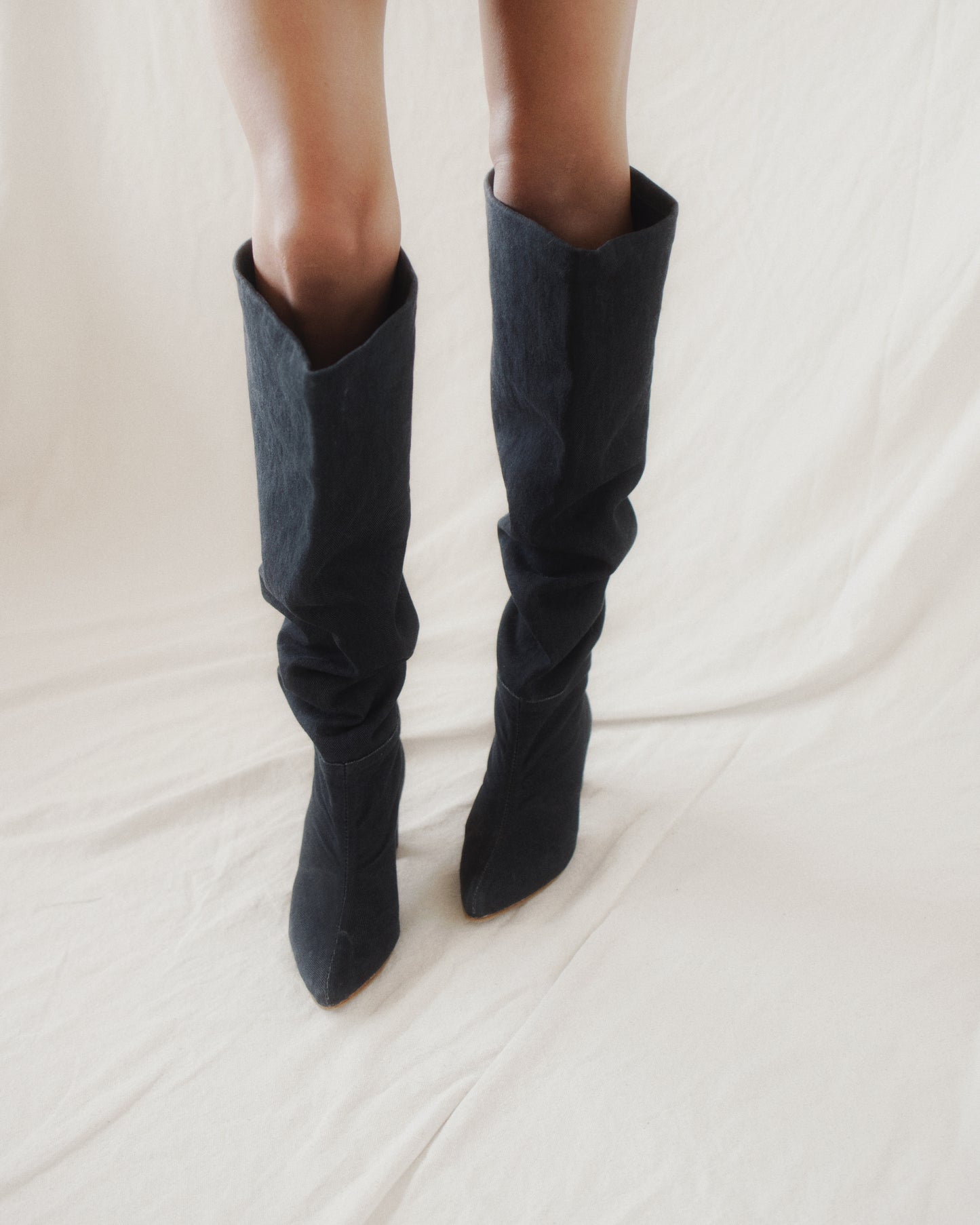 Denim knee high-heel boots