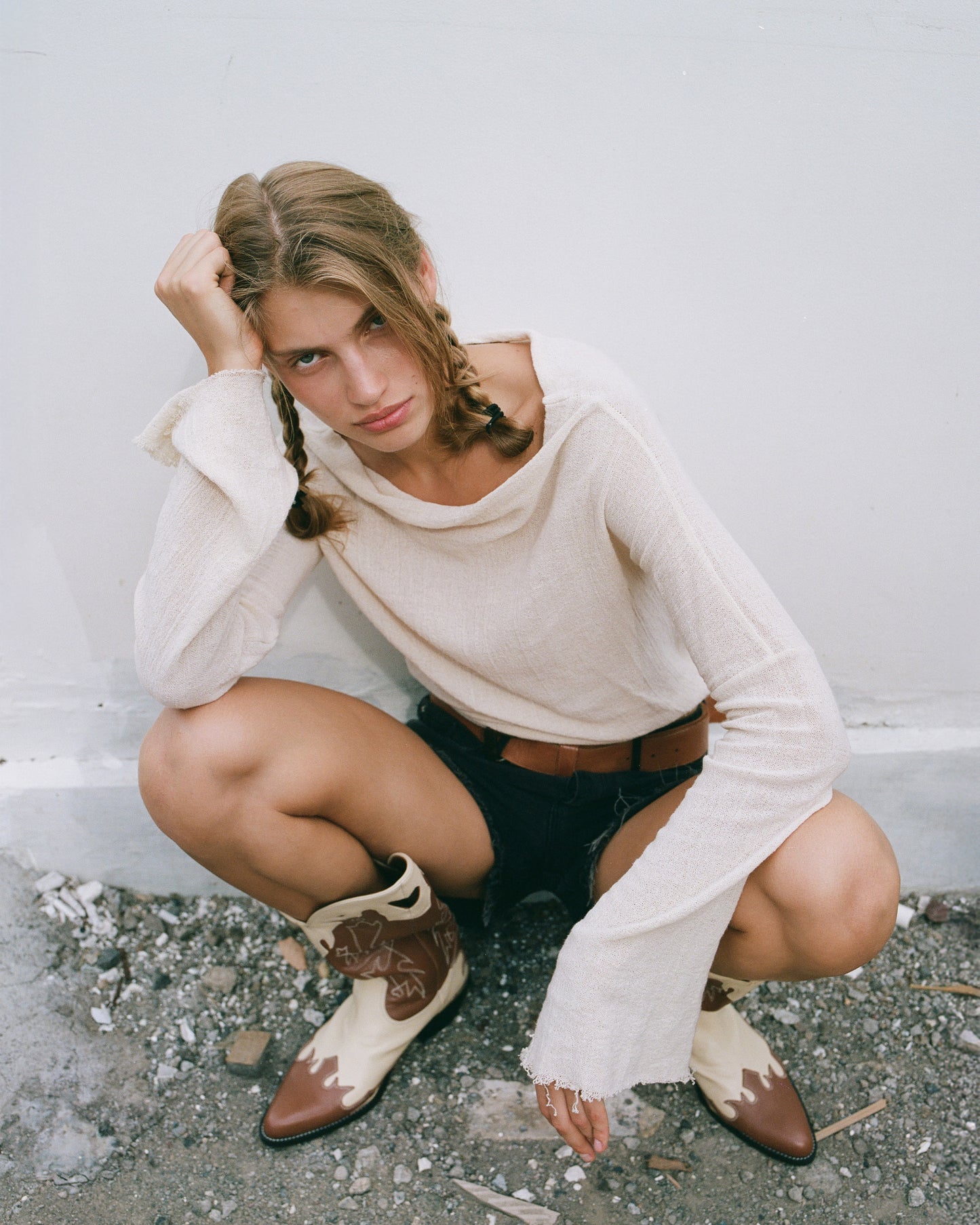Cotton top with long sleeves in cream