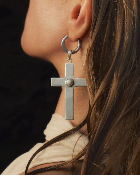 Silver cross earrings with pearl