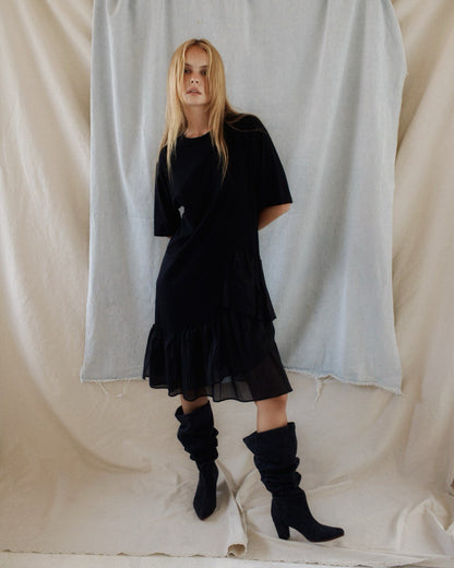 Denim knee high-heel boots